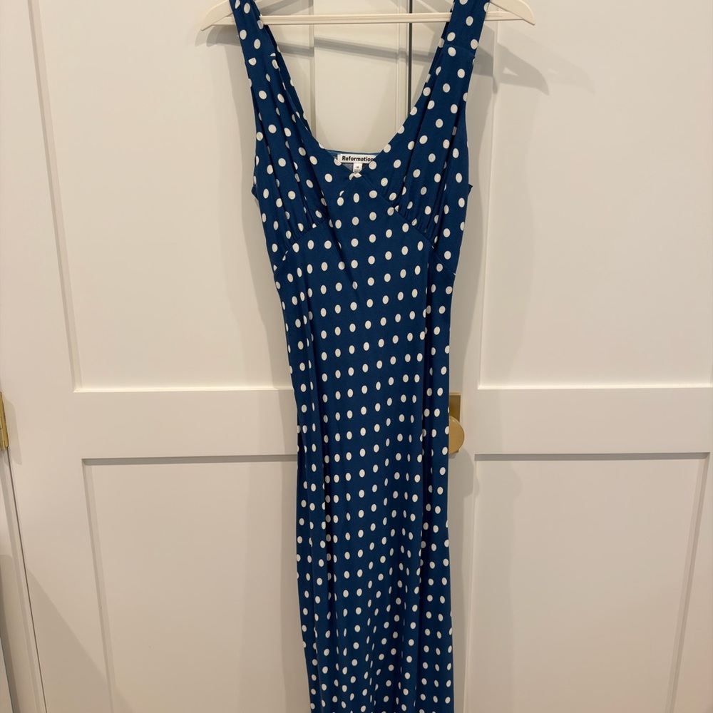 Reformation Navy Blue Polka Dot Midi Beauden Dress